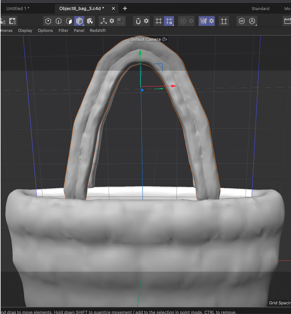 Image of bag after the sculpt tool was used to texture the bag and emulate the puffer material digitally.