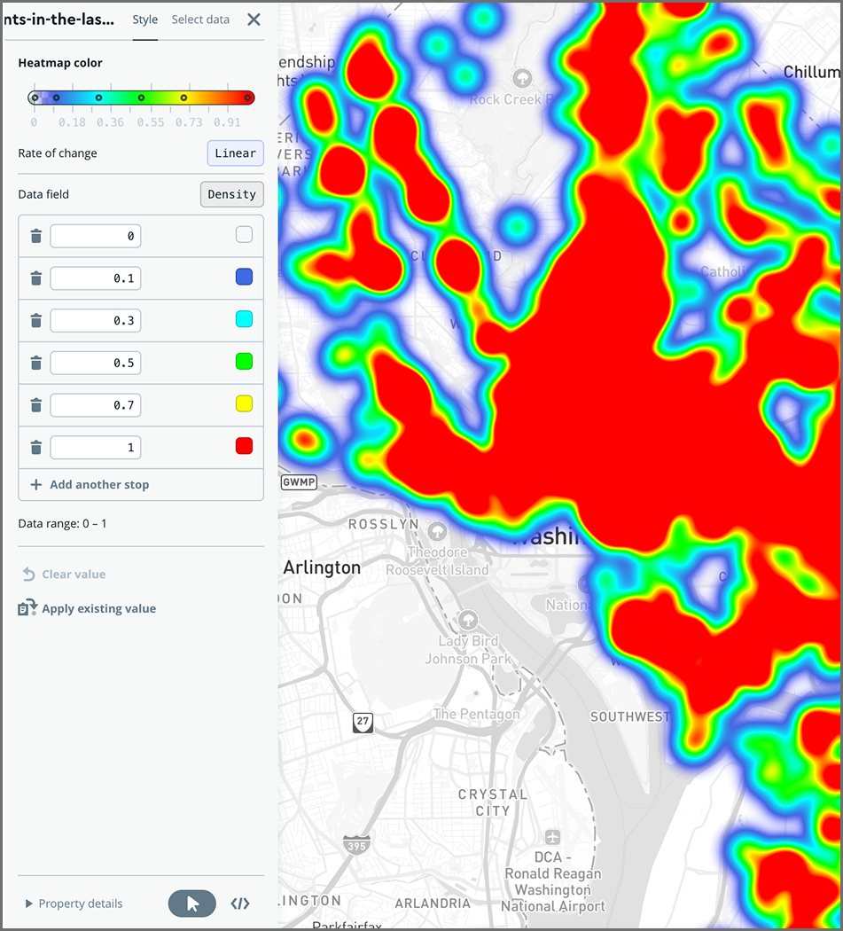 Experimenting and changing the style to heatmap in mapbox for crime statistics in Columbia in the last 30 days.