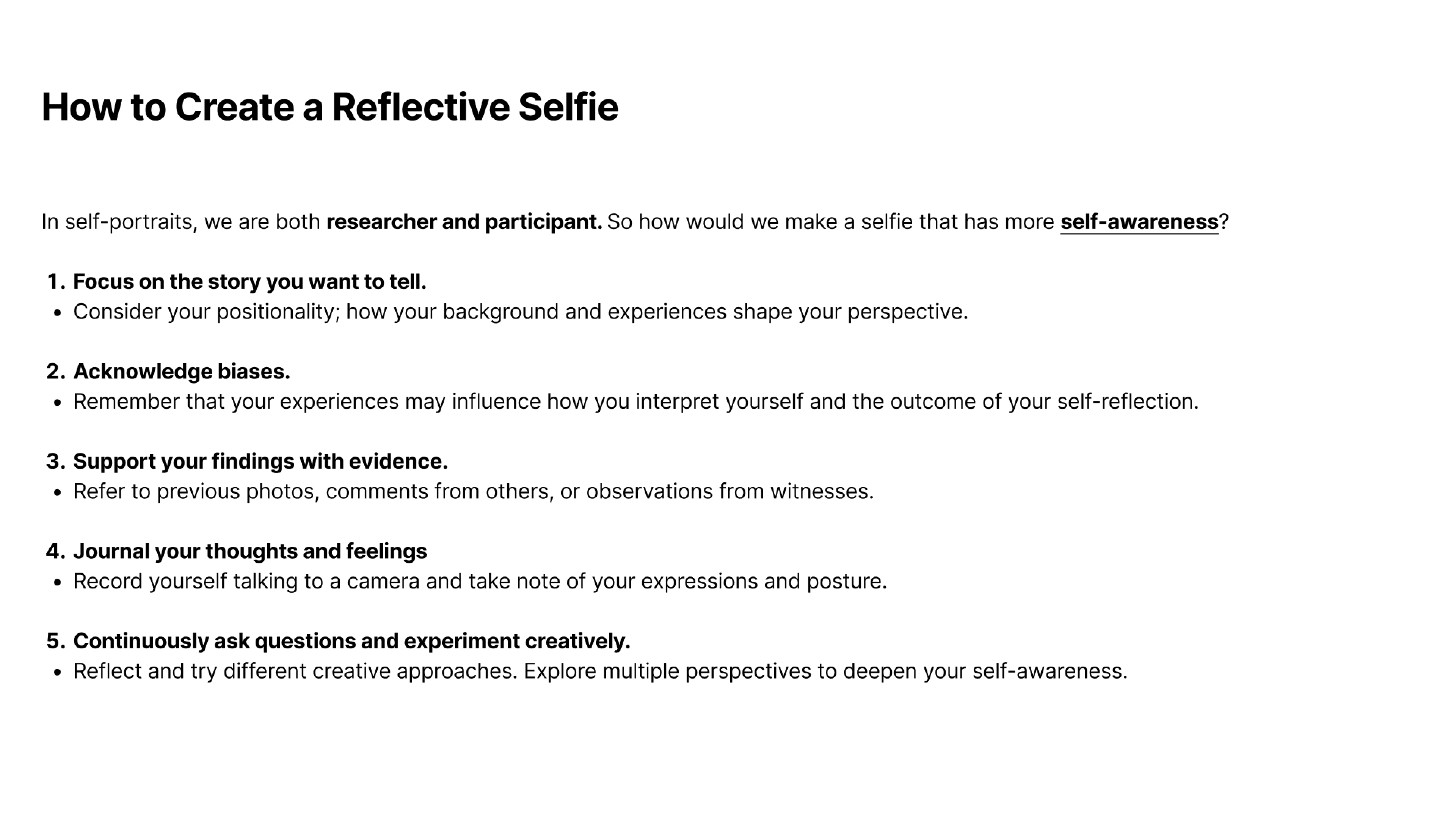 Slide of how to create a reflective selfie I presented in class during the workshop.